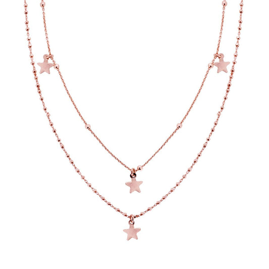 Collana due fili Catena Forzatina con Stelle plain Pendenti e Bulloncini diamantati in ARGENTO 925 Galvanica Rosa