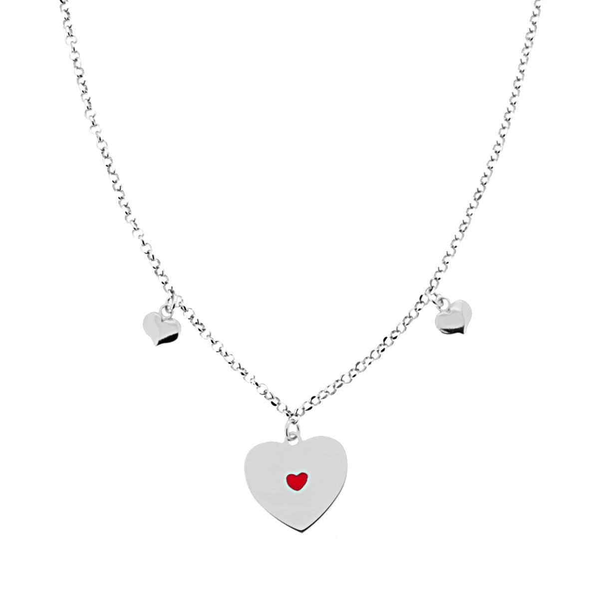 Collana Catena Rolo con Cuori plain Pendenti e Smalto Rosso in ARGENTO 925 Galvanica Rodio