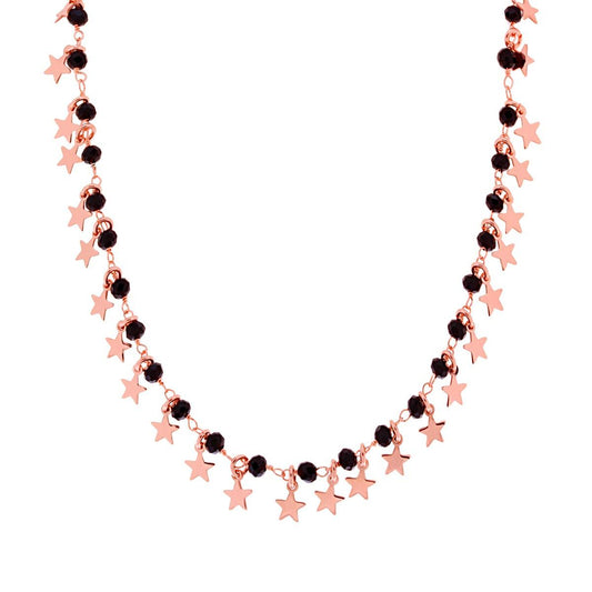 Collana con Stelle plain pendenti e Grani Crystal Neri in ARGENTO 925 Galvanica Rosa