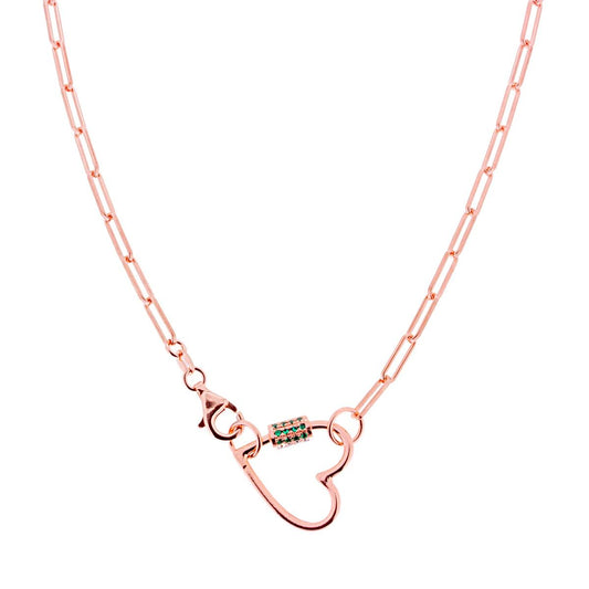 Collana Catena Graffetta con Cuore e Zirconi Verde Smeraldo in ARGENTO 925 Galvanica Rosa