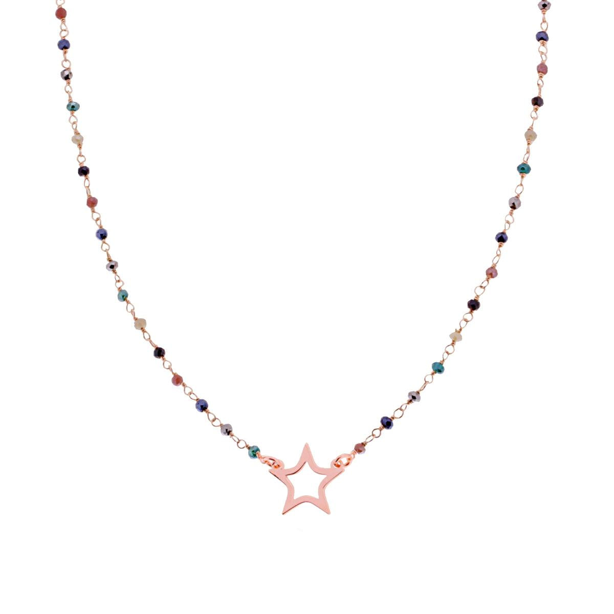 Collana con Grani Crystal Multicolor e Stella in ARGENTO 925 Galvanica Rosa