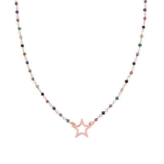 Collana con Grani Crystal Multicolor e Stella in ARGENTO 925 Galvanica Rosa