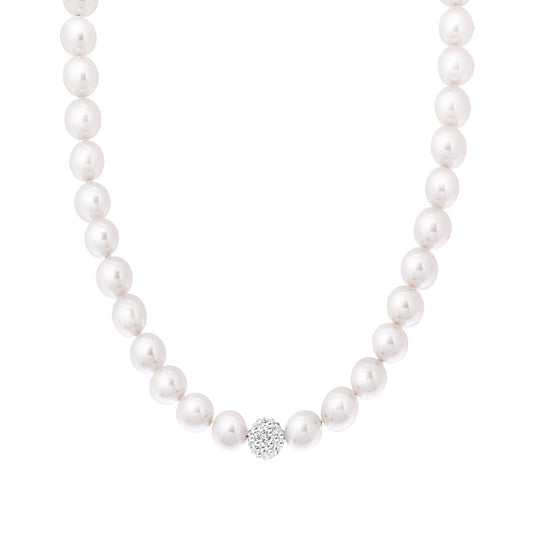 Collana Perla Bianca mm 8 in vetro perlato e Crystal centrale con filo e chiusura in ARGENTO 925 Galvanica Rodio