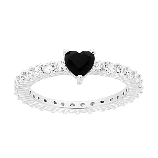Anello Eternity Veretta a giro con Cubic Zirconia Bianchi e Cuore Nero in ARGENTO 925 Galvanica Rodio