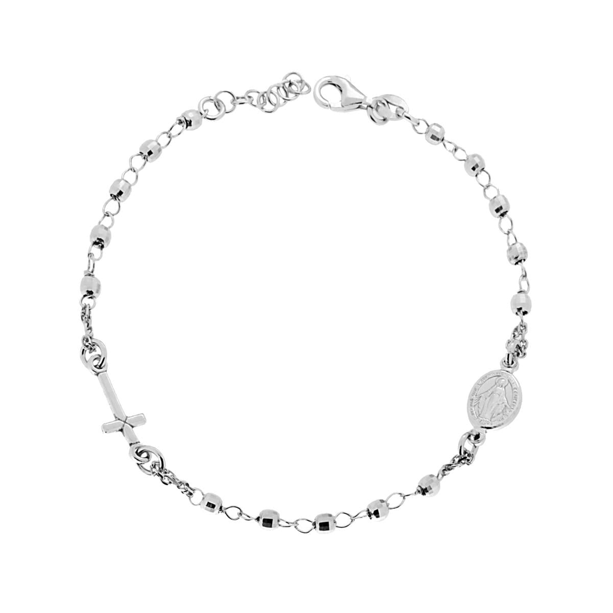 Bracciale Rosario cm 20 con Grani Diamantati mm 3 con Croce e Medaglia Madonna in ARGENTO 925 Galvanica Rodio
