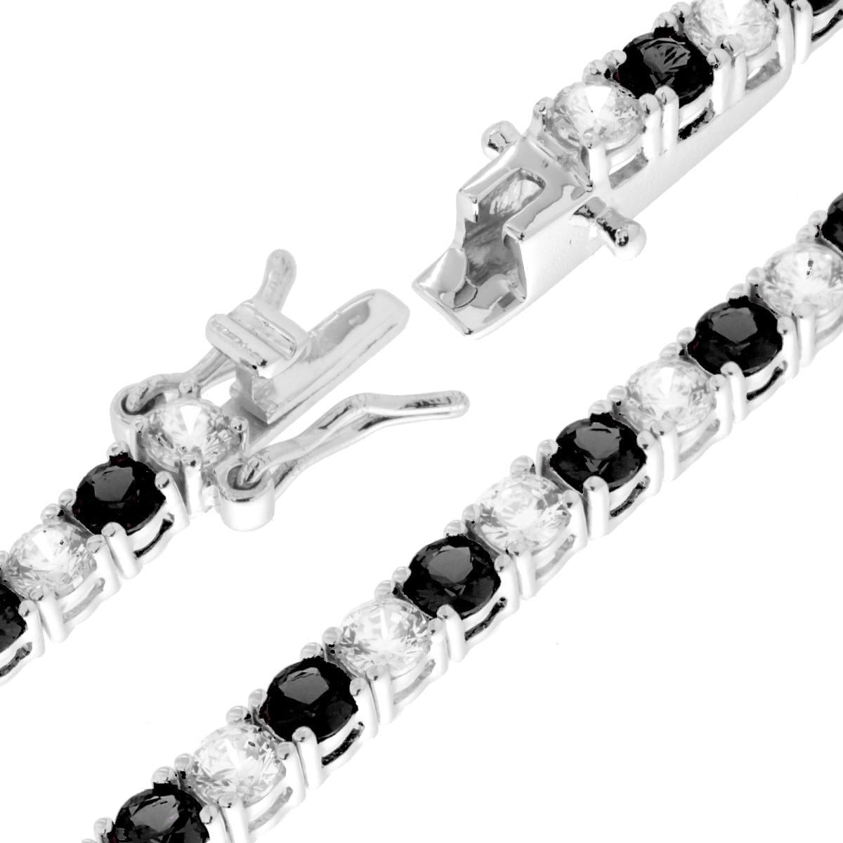 Bracciale Tennis Griffe cm 18 con Zirconi mm 3 Bianchi e Nero alternati in ARGENTO 925 Galvanica Rodio