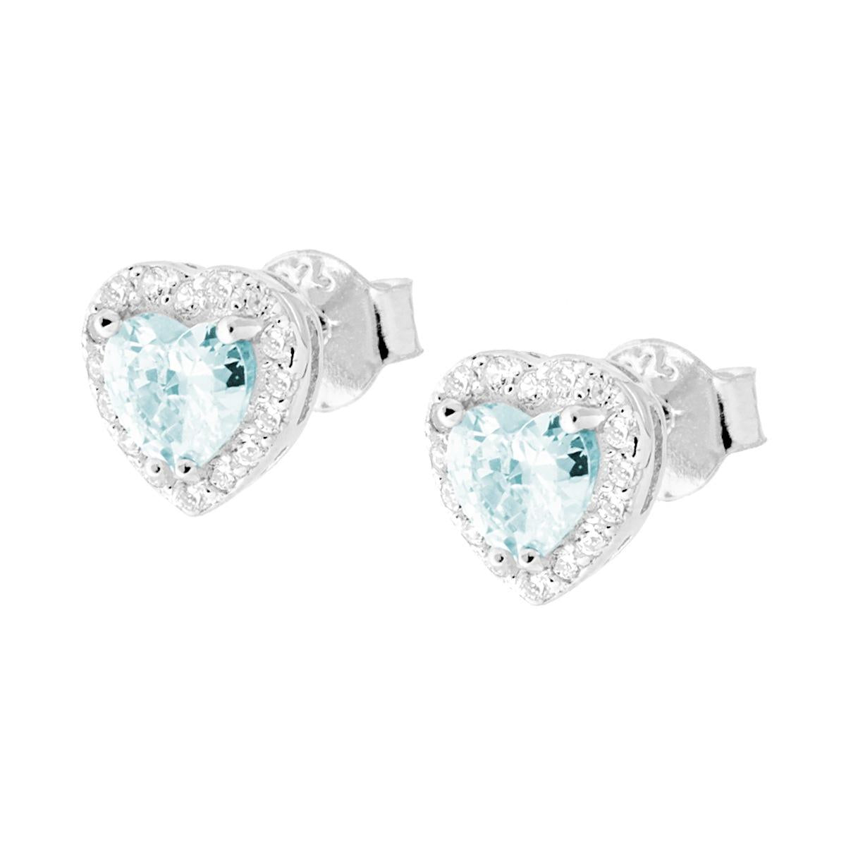 Orecchini Cuore con Zircone Acquamarina contornato da Zirconi Bianchi in ARGENTO 925 Galvanica Rodio
