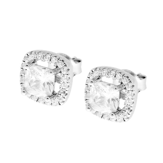 Orecchini Quadrati Zircone Bianco contornato da Zirconi Bianchi in ARGENTO 925 Galvanica Rodio