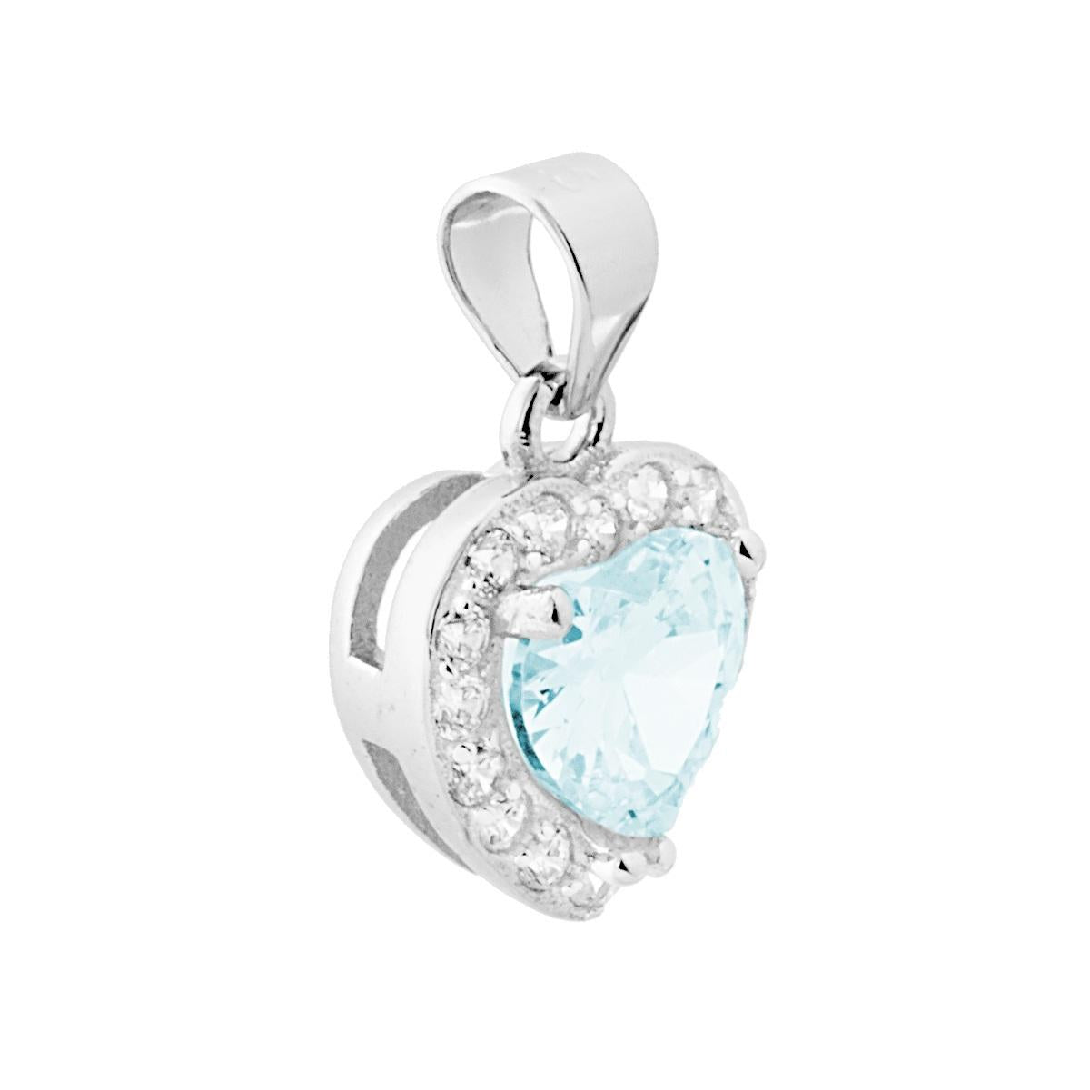 Ciondolo a forma di Cuore con Zircone Acquamarina Contornato da Zirconi Bianchi.<BR>