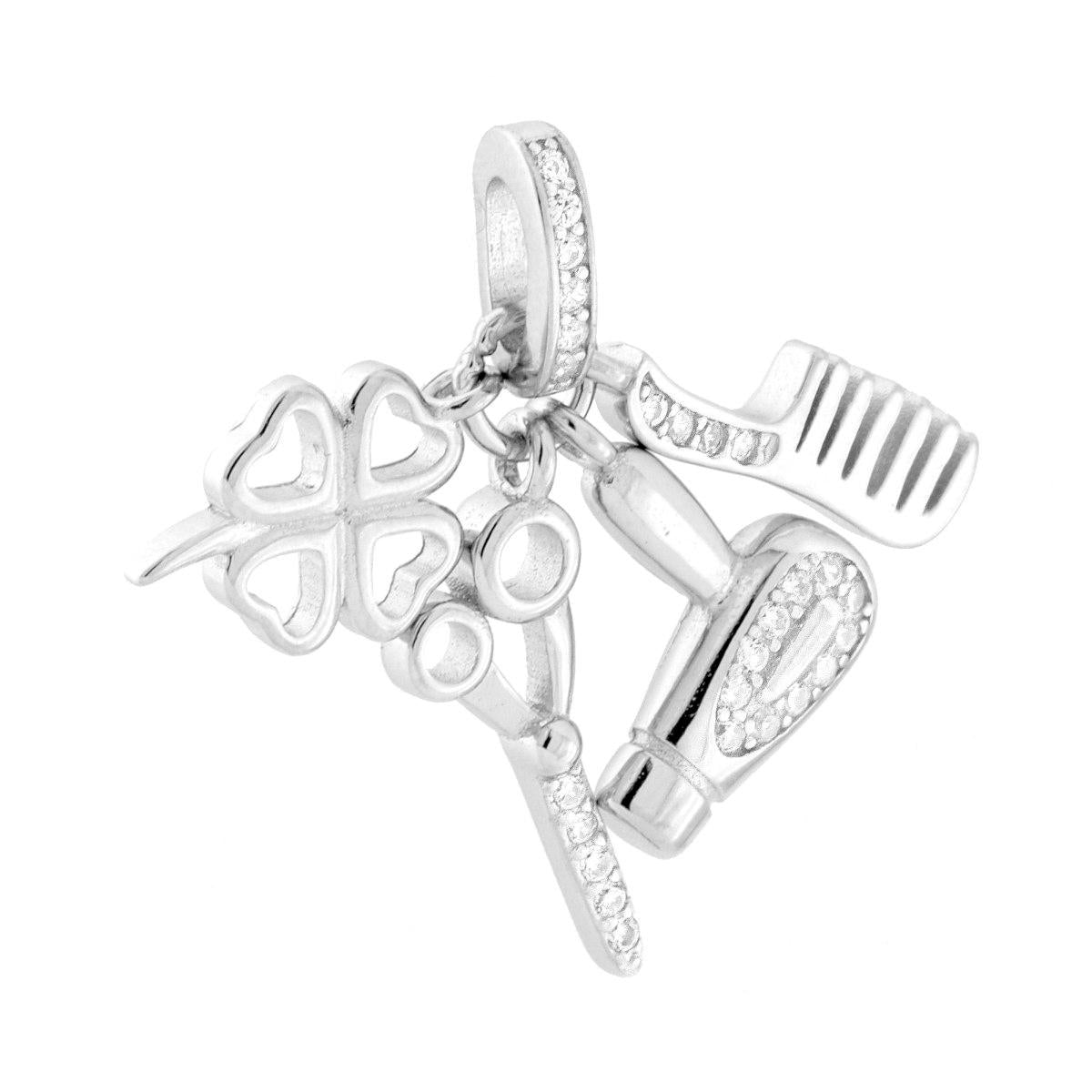 Ciondolo multisoggetto con elementi a forma di articoli per parrucchiere, con finitura lucida e cubic zirconia bianchi incastonati.<BR>