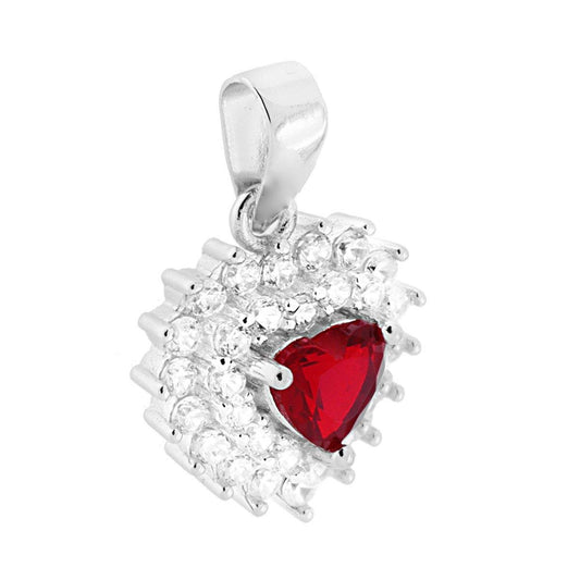 Ciondolo a forma di cuore con Zircone Rosso Rubino e Zirconi Bianchi incastonati a giro.