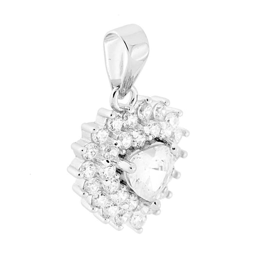 Ciondolo con Zircone Bianco a forma di cuore e Zirconi Bianchi incastonati a giro.<BR>