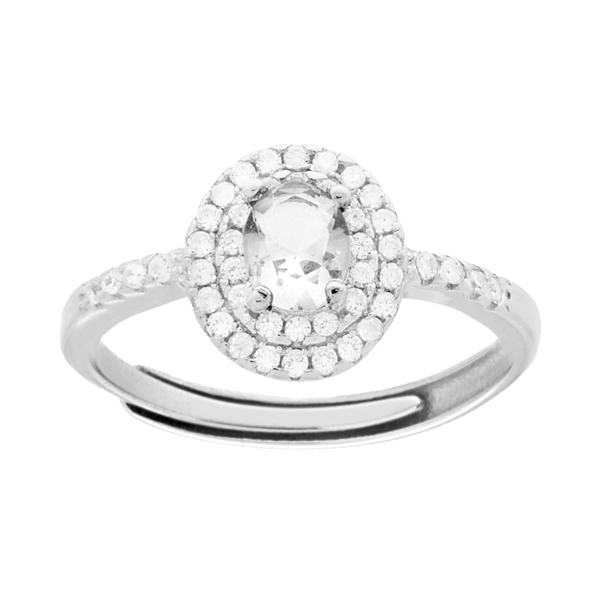 Anello Halo Solitario con Zircone Ovale Bianco contornato con Zirconi Bianchi in ARGENTO 925 Galvanica Rodio