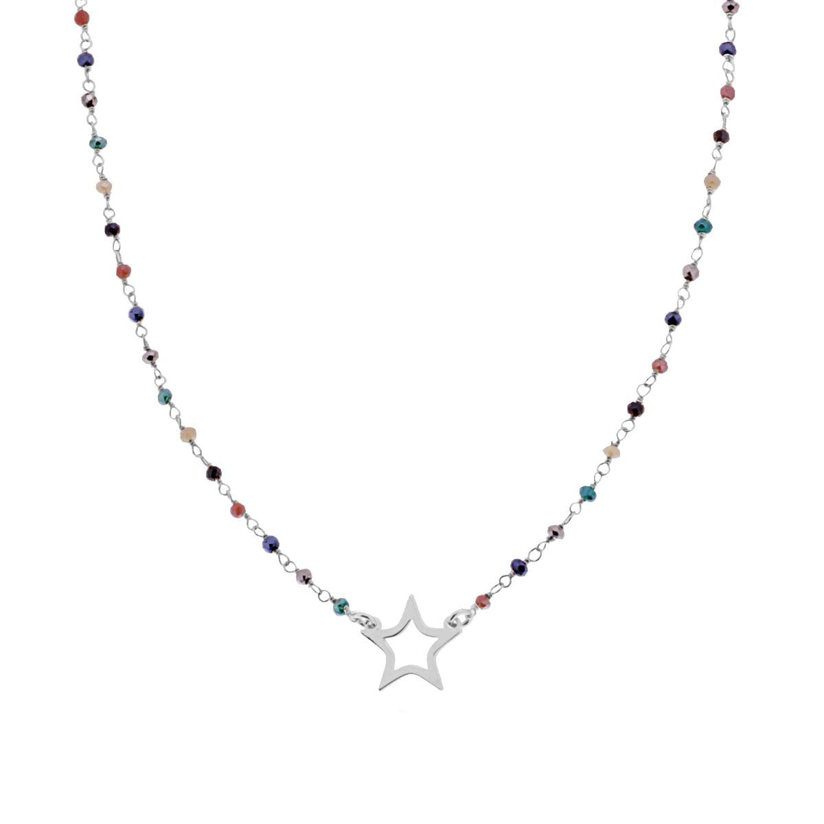 Collana con Grani Crystal Multicolor e Stella in ARGENTO 925 Galvanica Rodio