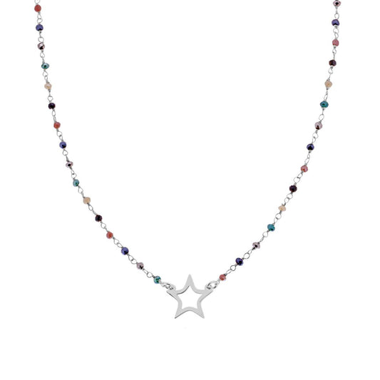 Collana con Grani Crystal Multicolor e Stella in ARGENTO 925 Galvanica Rodio