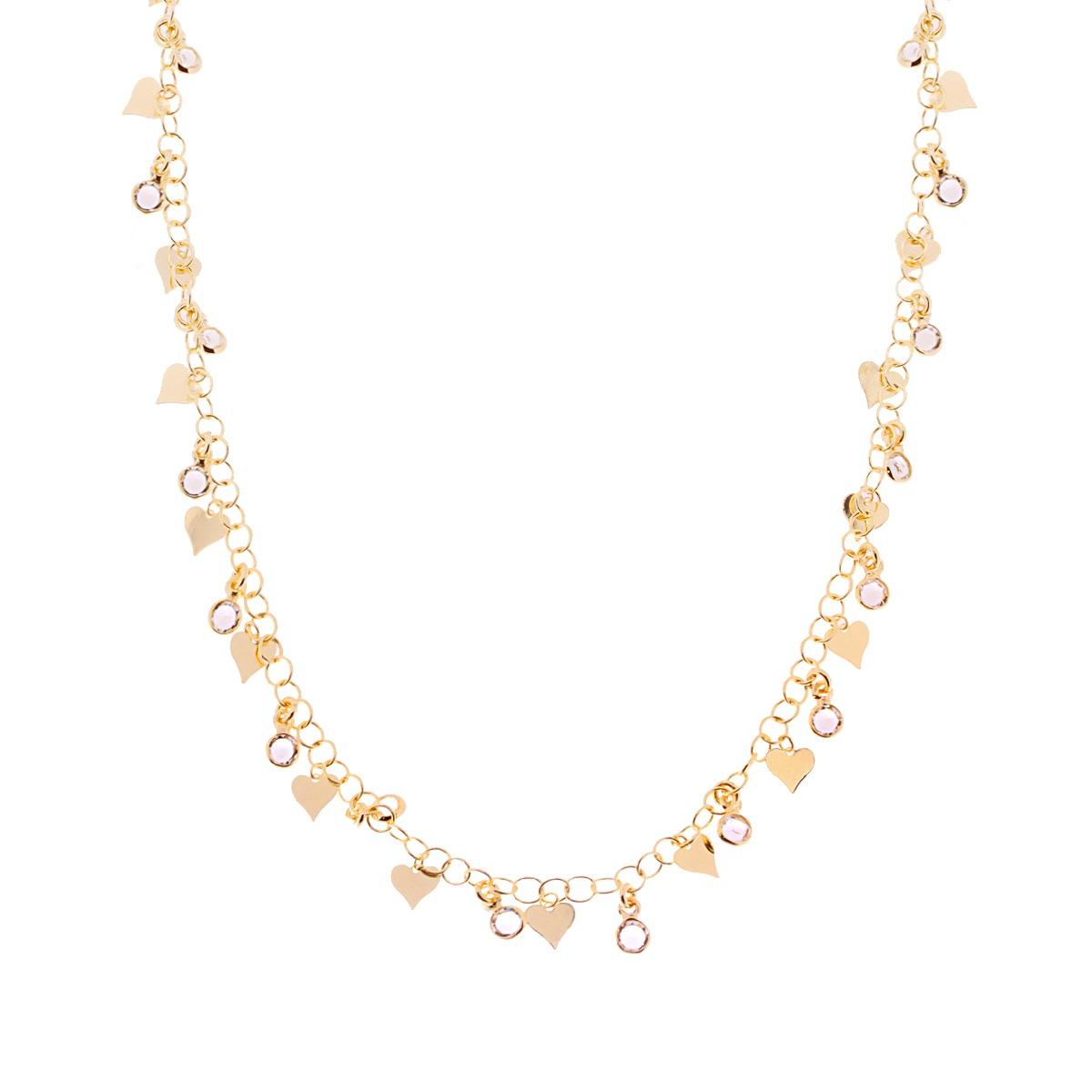 Collana Catena Rolo con Tondi Crystal Bianchi e Cuori Plain Pendenti in ARGENTO 925 Galvanica Oro