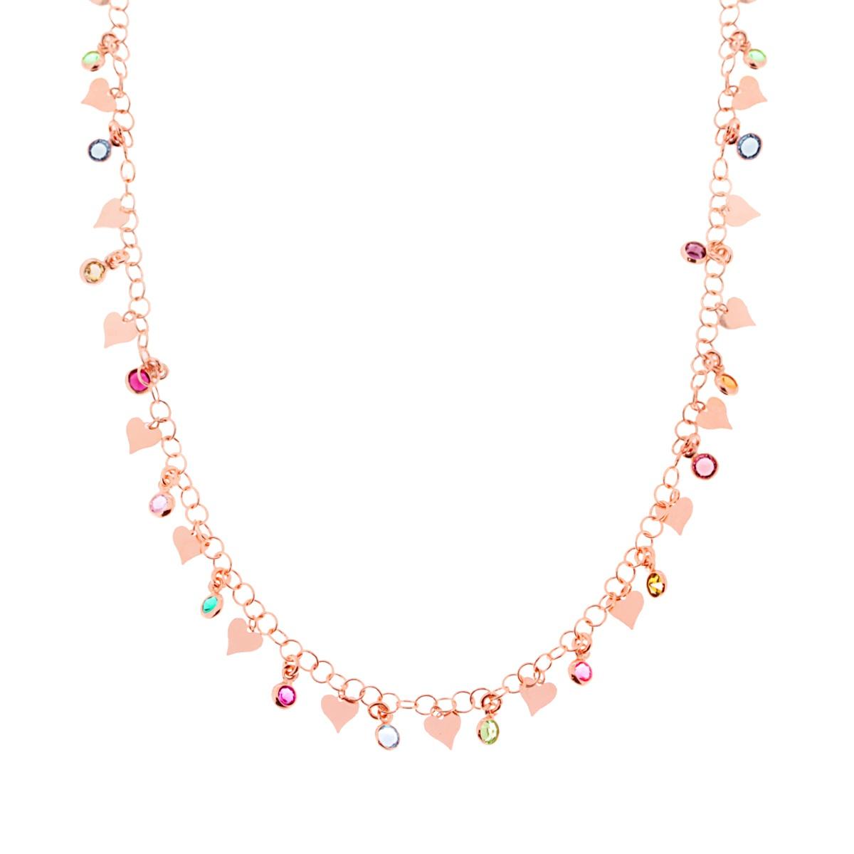 Collana Catena Rolo con Tondi Crystal Multicolor e Cuori Plain Pendenti in ARGENTO 925 Galvanica Rosa