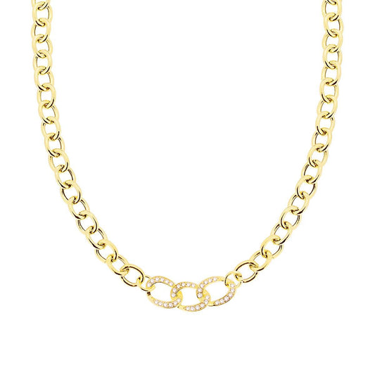 Collana Catena Forzatina con Centrale Grumetta e Zirconi Bianchi in ARGENTO 925 Galvanica Oro