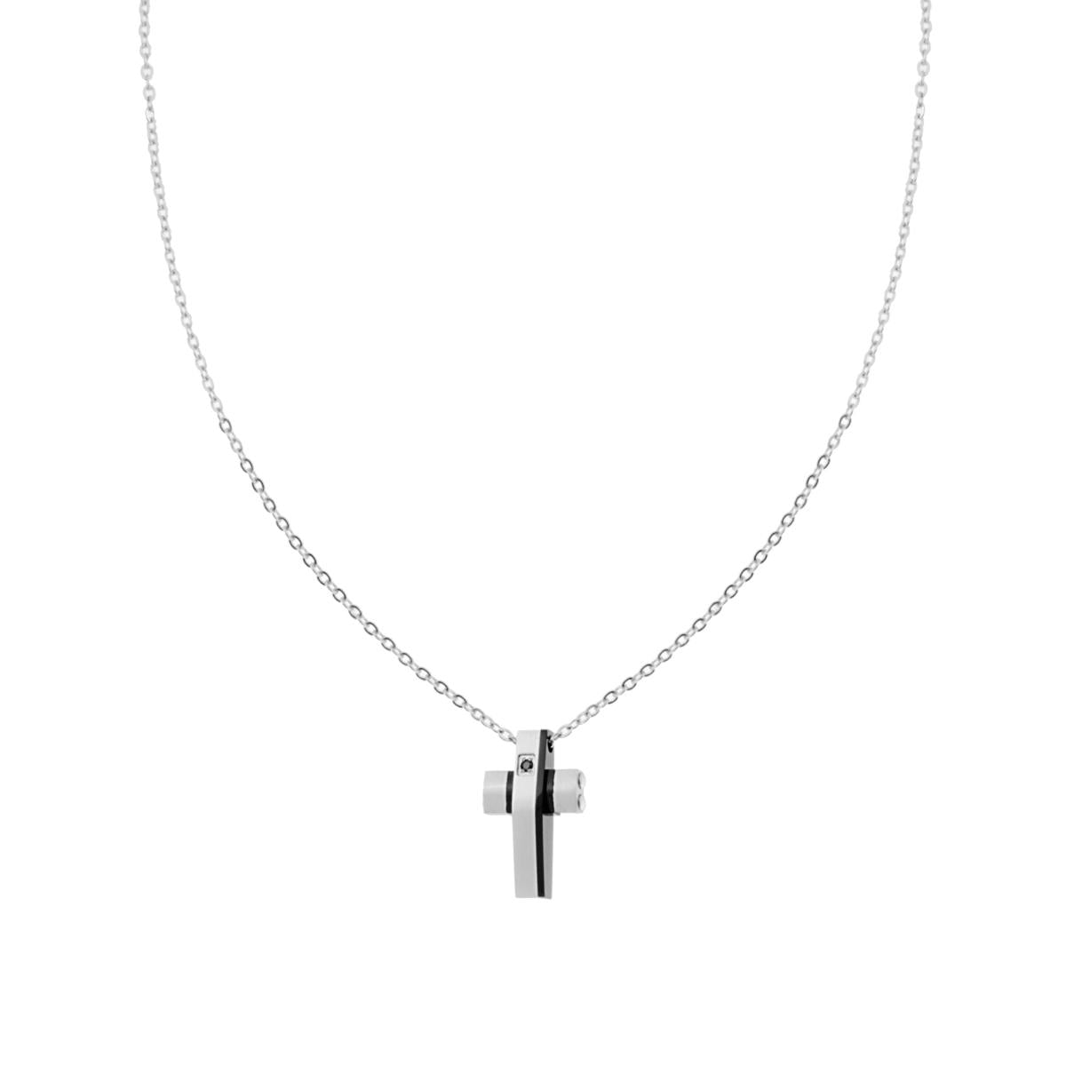 Collana Catena Forzatina con Croce con Laccatura Nera e Crystal Nero in ACCIAIO