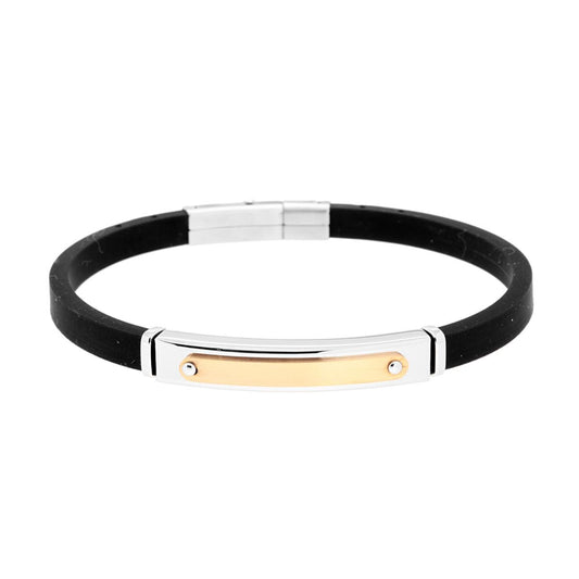 Bracciale in PVC Caucciu Nero con Accessorio Targa dettaglio Rosa in ACCIAIO