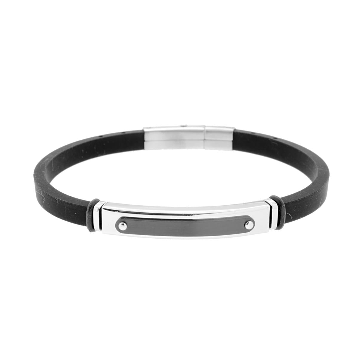 Bracciale in PVC Caucciu Nero con Accessorio Targa con dettagli Laccati Neri in ACCIAIO