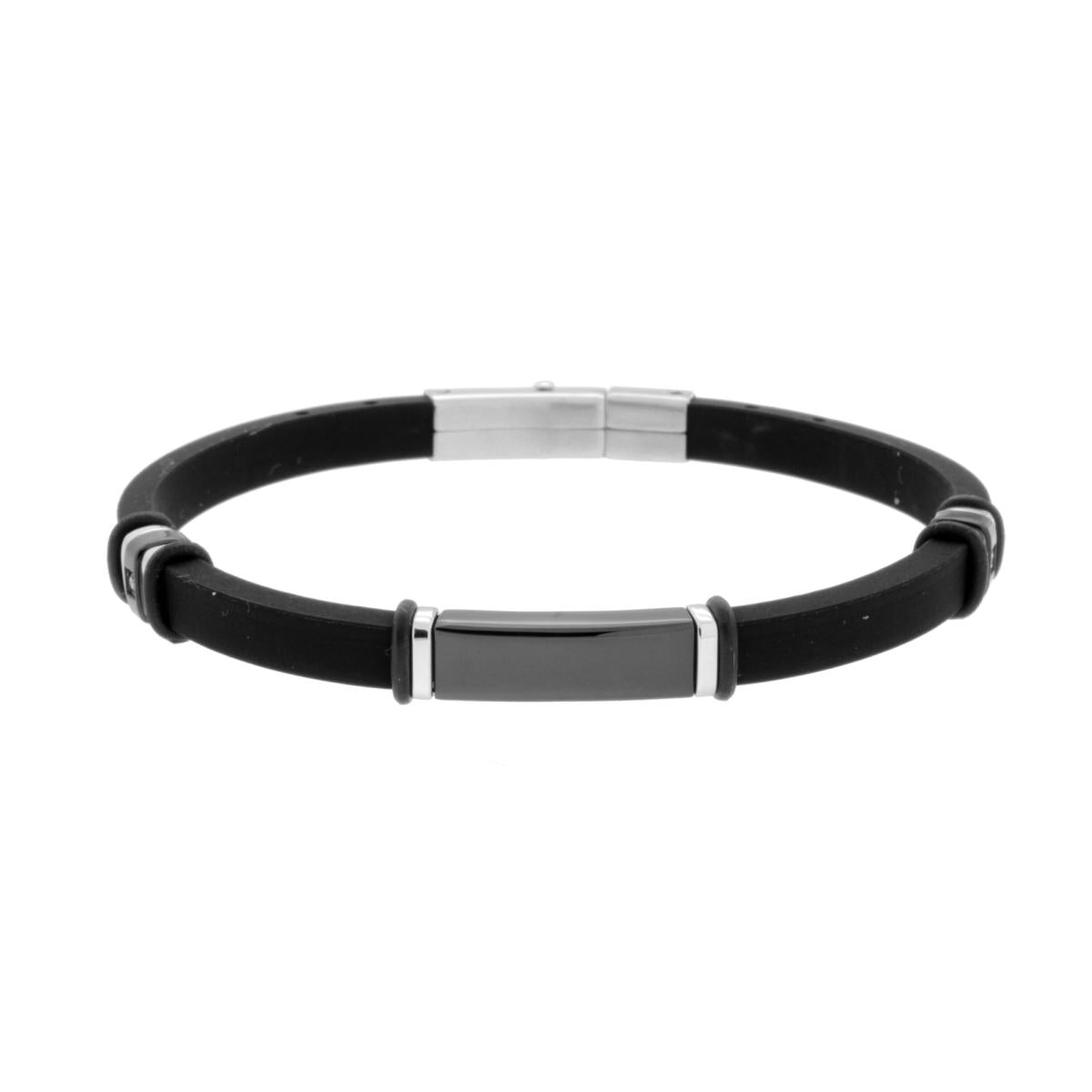 Bracciale in PVC Caucciu Nero con Crystal Bianco e Traga Nera in ACCIAIO