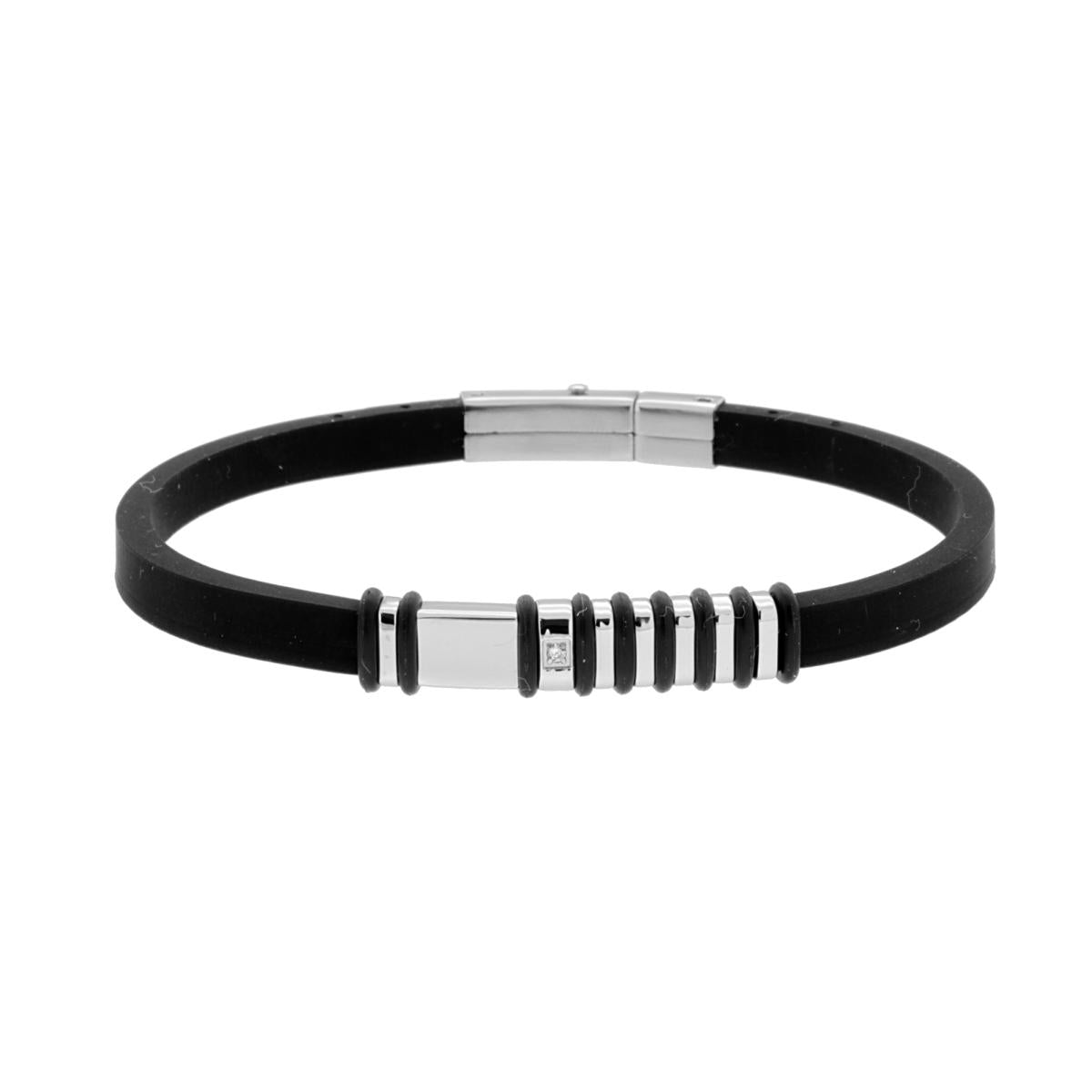 Bracciale in PVC Caucciu Nero con Crystal Bianco e Accessori in ACCIAIO