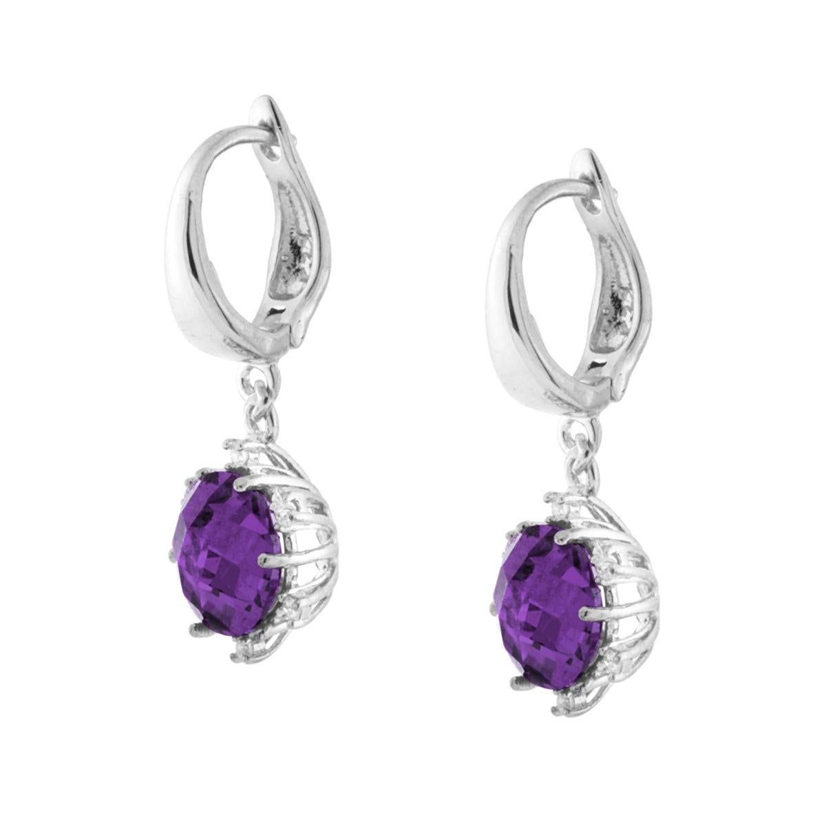 Orecchini Cerchio con Cubic Zirconia Ametista Tondo pendente in ARGENTO 925 Galvanica Rodio