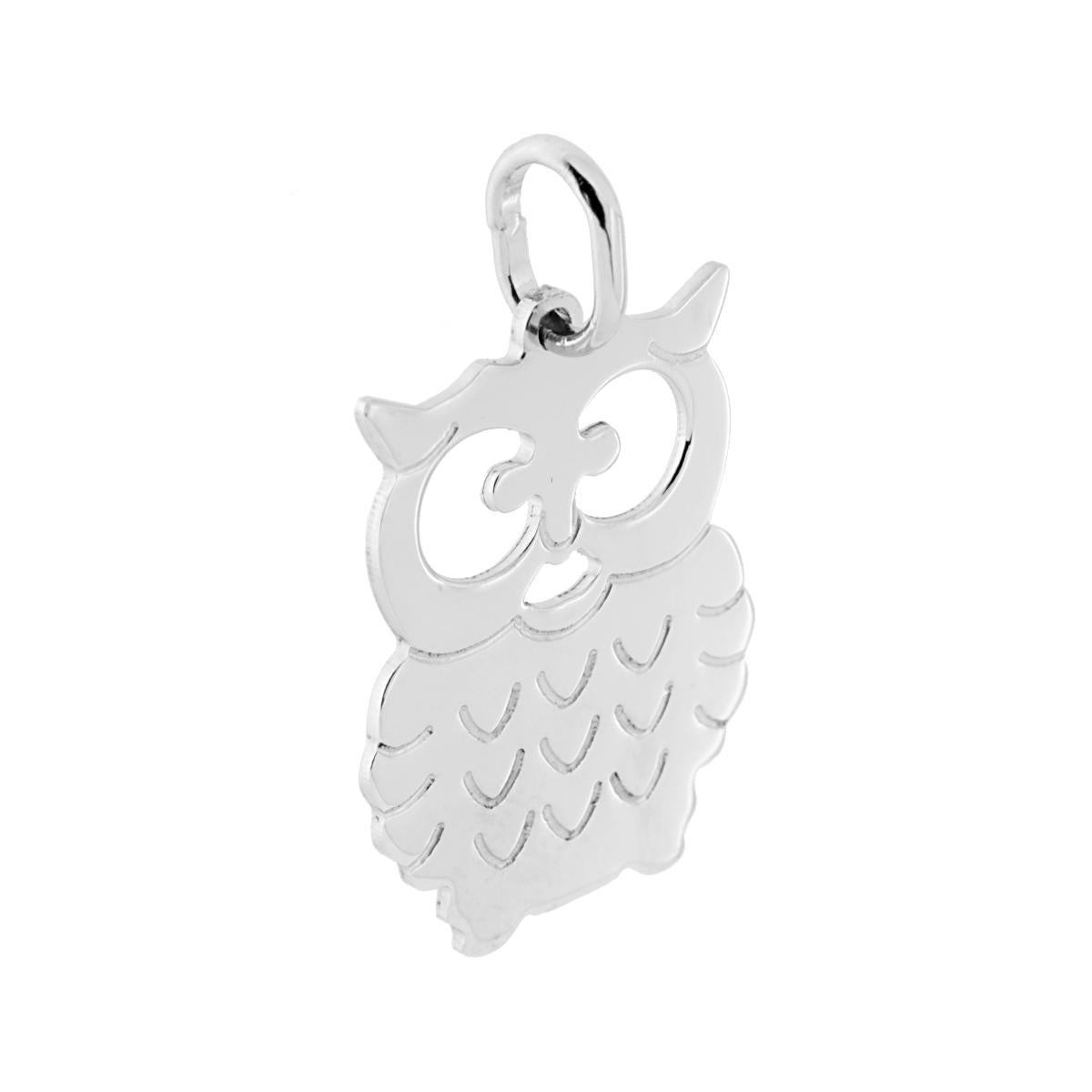Ciondolo Plain a forma di Gufo con finitura lucida e disegno dettagli in lavorazione laser.<BR>Made in Italy