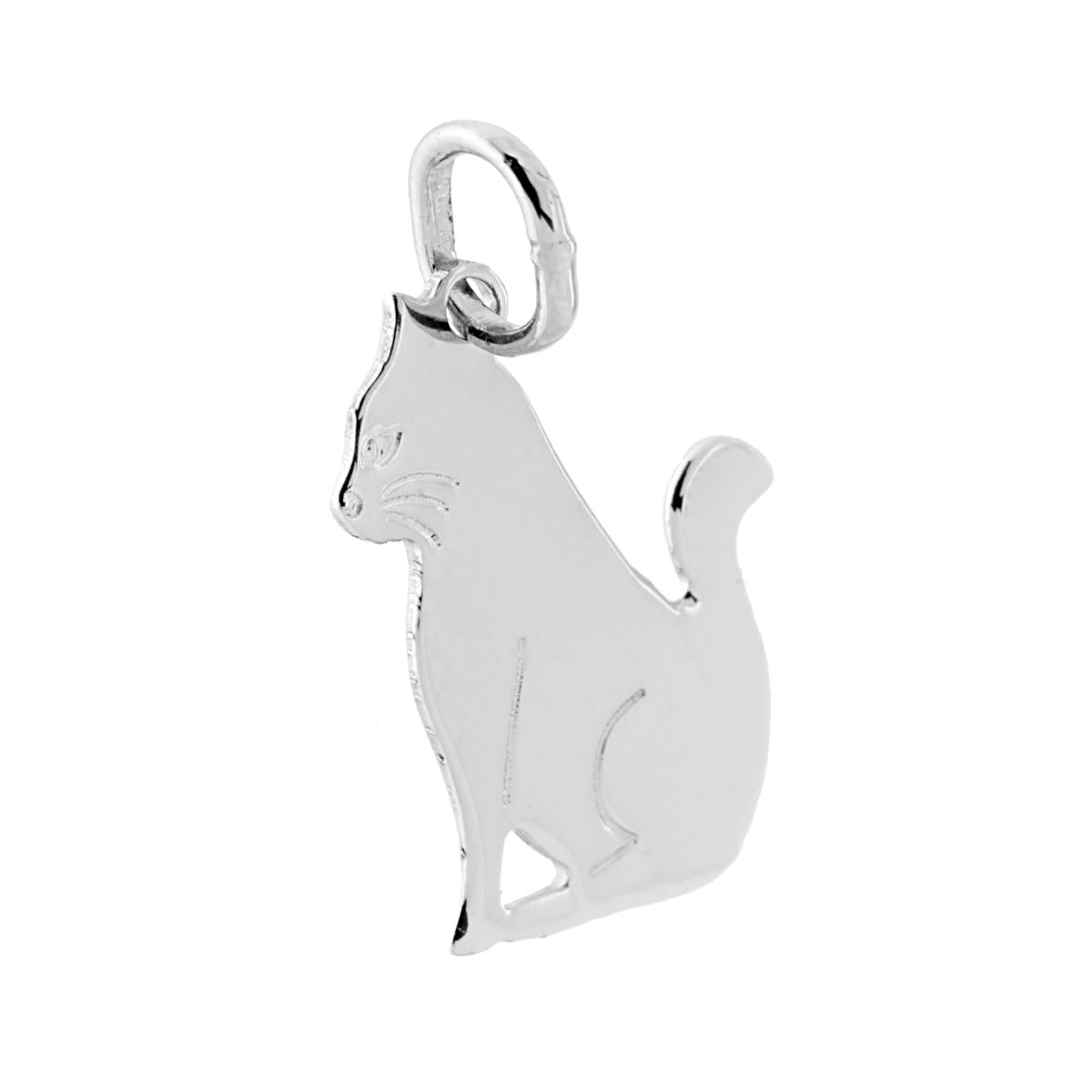 Ciondolo Plain a forma di Gatto con finitura lucida e disegno dettagli in lavorazione laser.<BR>Made in Italy