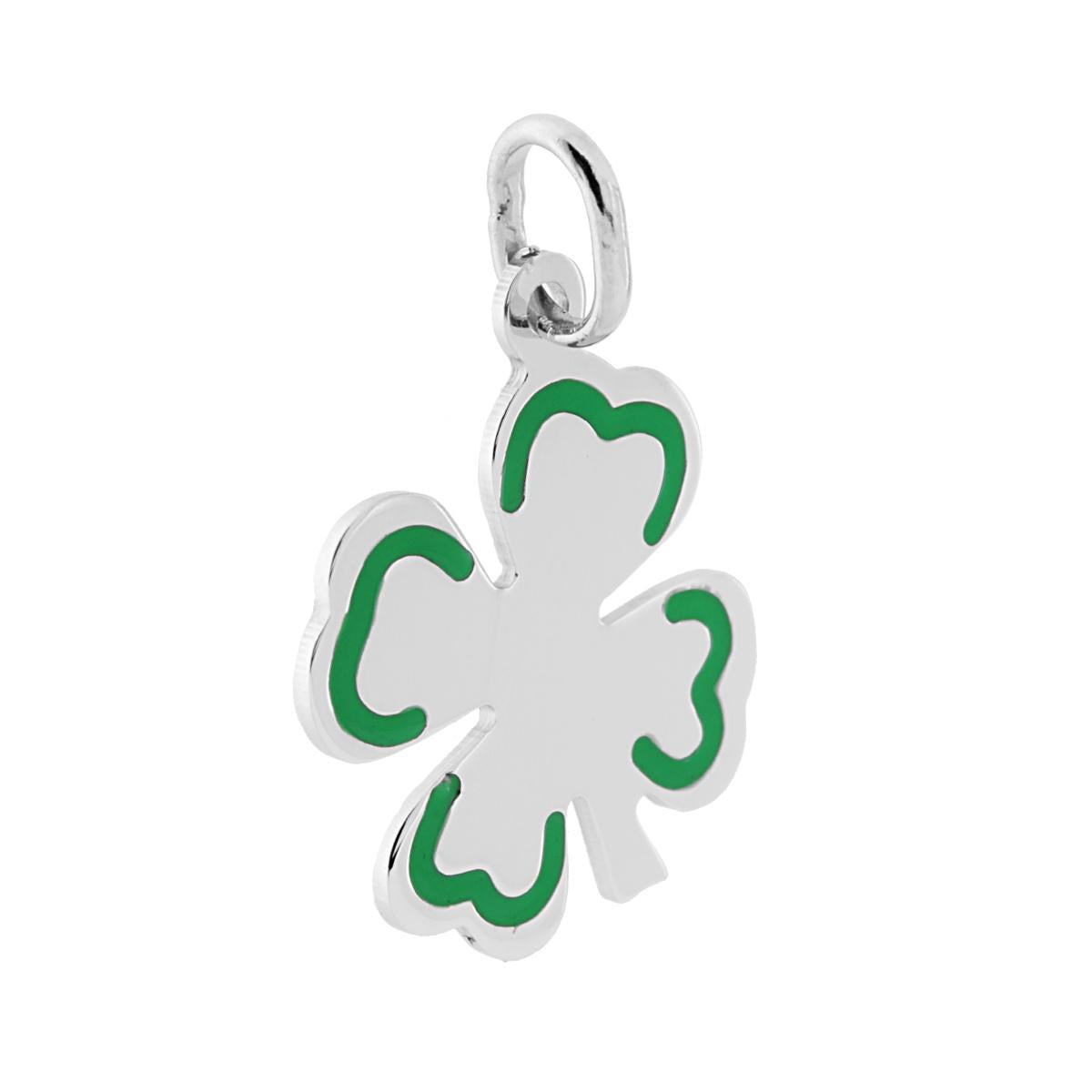 Ciondolo Plain a forma di Quadrifoglio con lavorazione laser e applicazione smalto Verde.<BR>Made in Italy