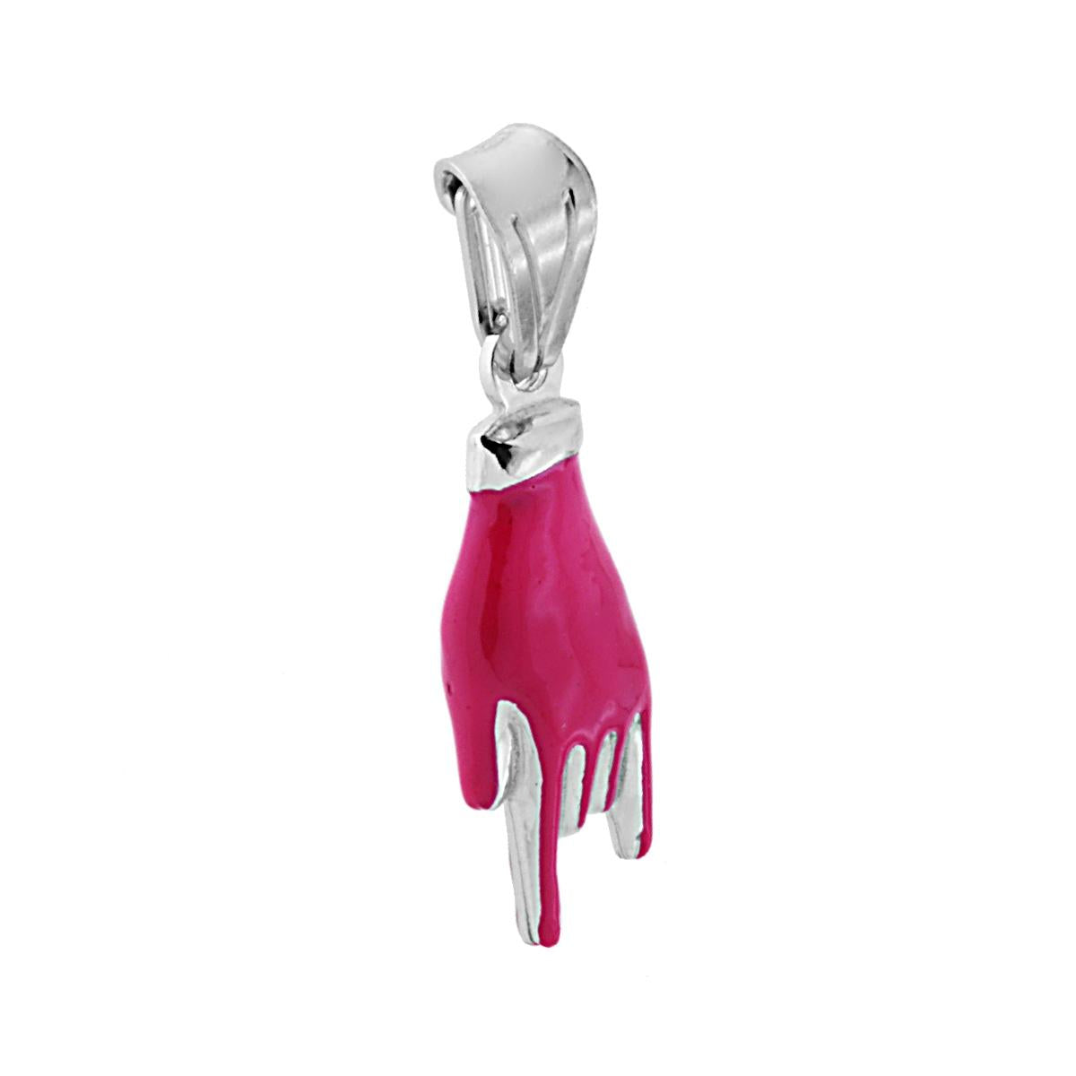 Ciondolo a forma di Mano con Corna con Applicazione Smalto colore Fucsia.<BR>Made in Italy