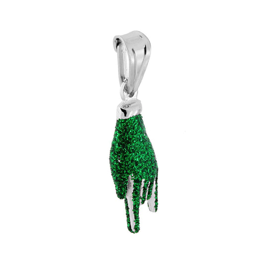 Ciondolo a forma di Mano con Corna con Applicazione smalto Glitter colore Verde.<BR>Made in Italy