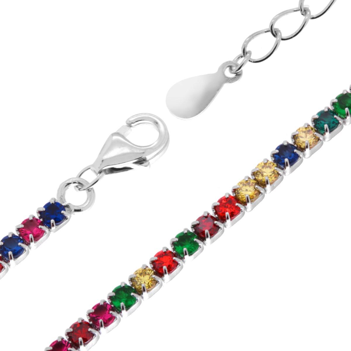 Bracciale Tennis Griffe cm 17+3 con Zirconi mm 2 Multicolor Rainbow in ARGENTO 925 Galvanica Rodio