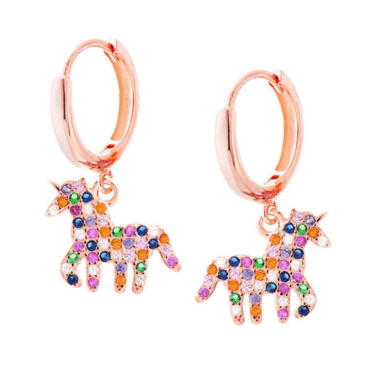Orecchini Cerchio mm 13 con Unicorno pendente e Zirconi Raimbow Multicolor in ARGENTO 925 Galvanica Rosa