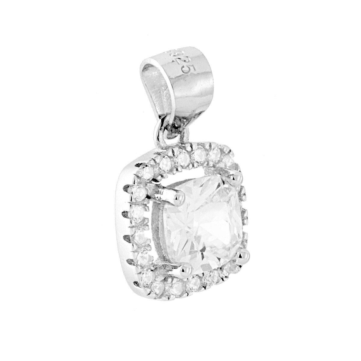 Ciondolo di forma quadrata con zircone Bianco montato su 4 Griffe contornato da zirconi bianchi incastonati.