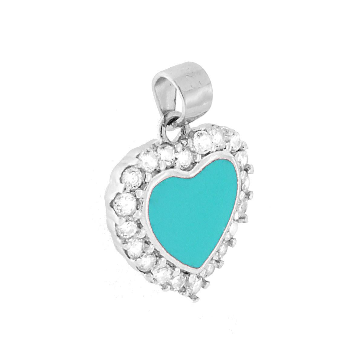 Ciondolo a forma di cuore con applicazione smalto turchese con giro di zirconi bianchi incastonati.