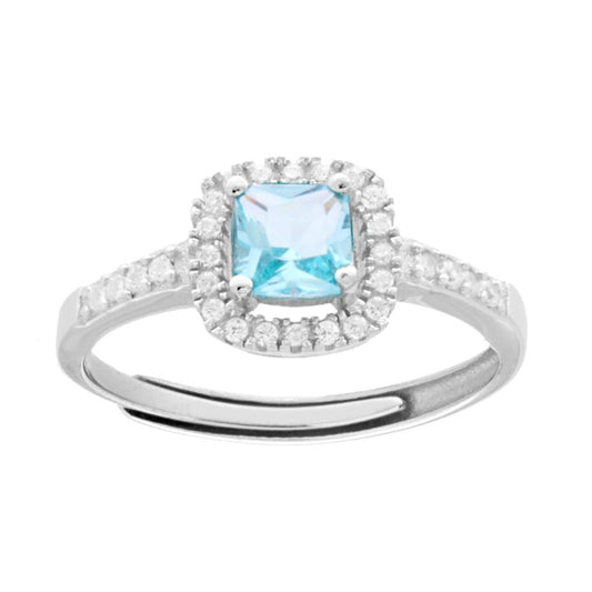 Anello Halo Solitario con Zircone Quadrato Cushion Acquamarina contornato con Zirconi Bianchi in ARGENTO 925 Galvanica Rodio