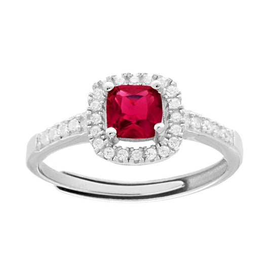 Anello Halo Solitario con Zircone Quadrato Cushion Rosso Rubino contornato con Zirconi Bianchi in ARGENTO 925 Galvanica Rodio