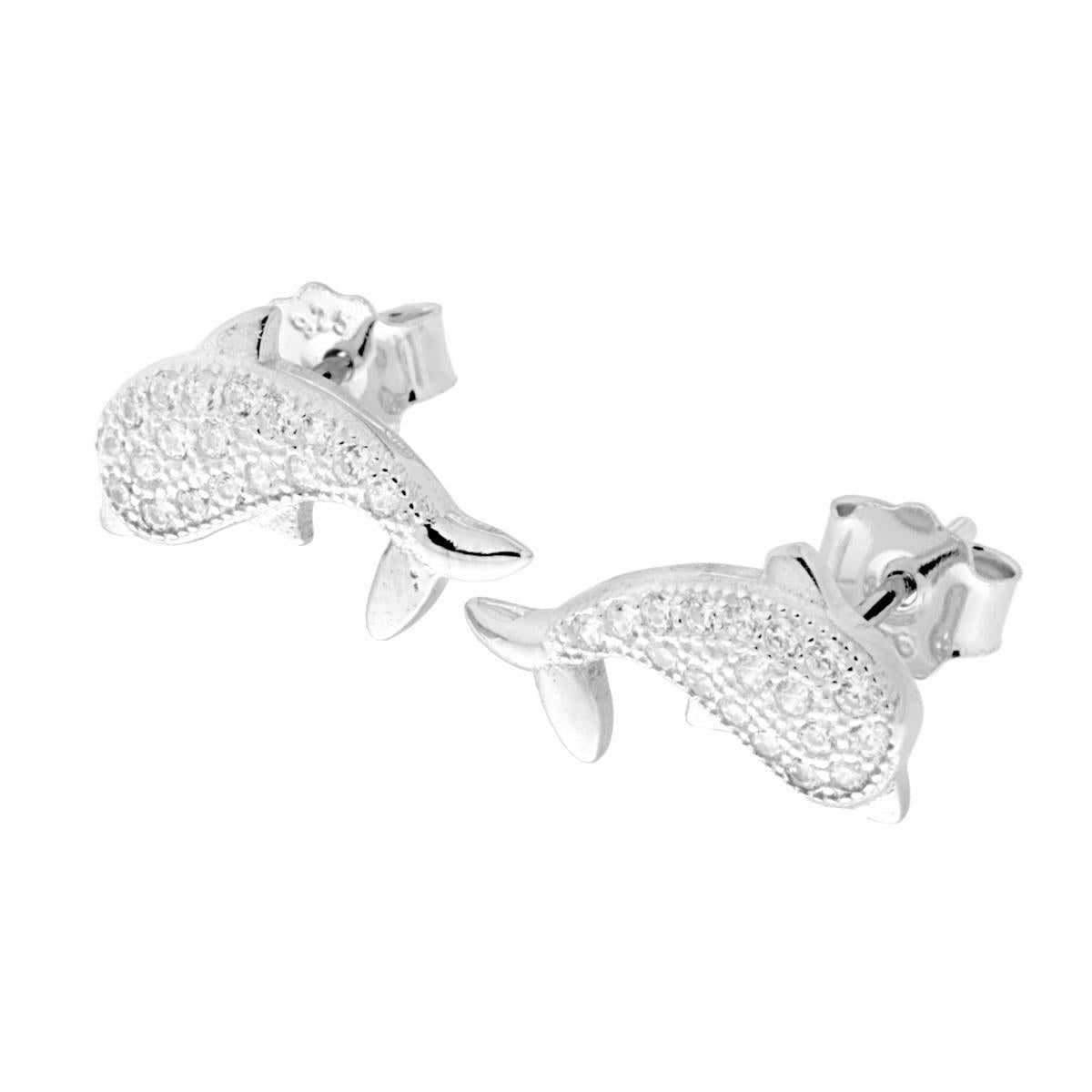 Orecchini Delfino con Zirconi Bianchi in ARGENTO 925 Galvanica Rodio