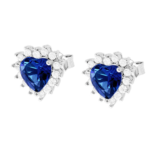 Orecchini Cuore Zircone Blu Zaffiro contornato da Zirconi Bianchi in ARGENTO 925 Galvanica Rodio