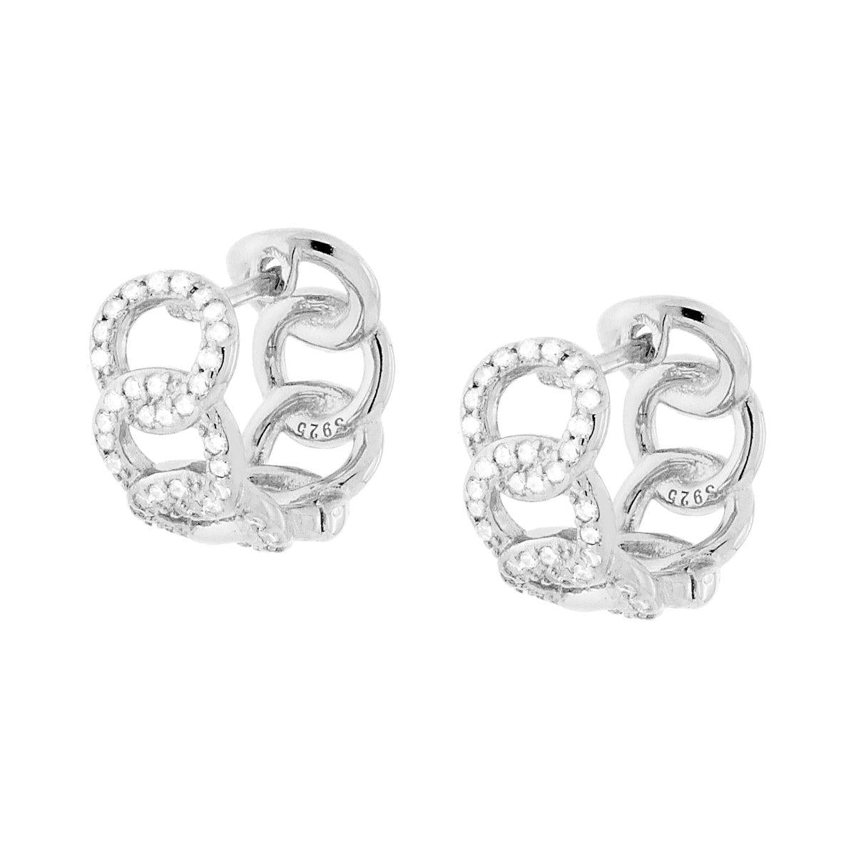 Orecchini Cerchio Catena Grumetta con Zirconi Bianchi in ARGENTO 925 Galvanica Rodio