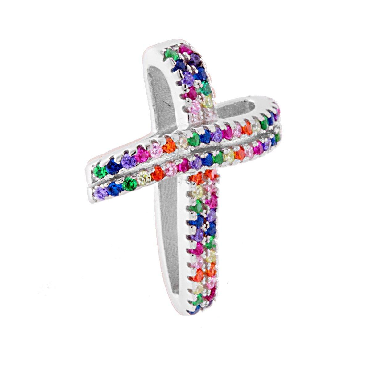 Ciondolo a forma di Croce con passante per catena, con due fili di zirconi Rainbow Multicolor incastonati.