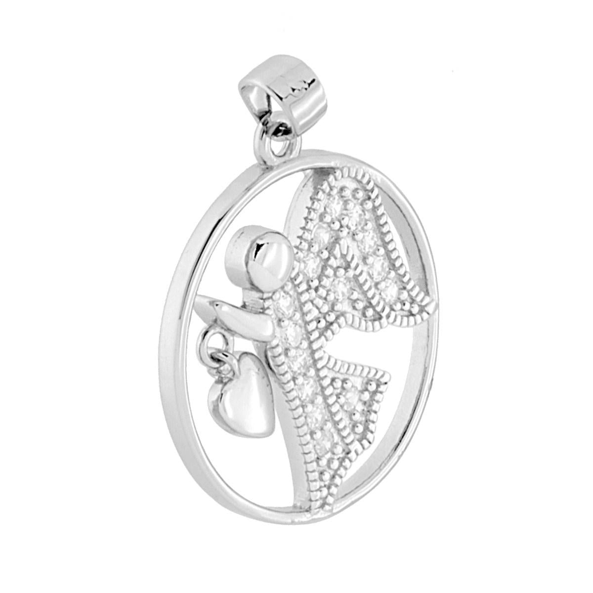 Ciondolo di forma Tonda con angelo con zirconi bianchi Pavč e cuoricino pendente, liscio e lucido.