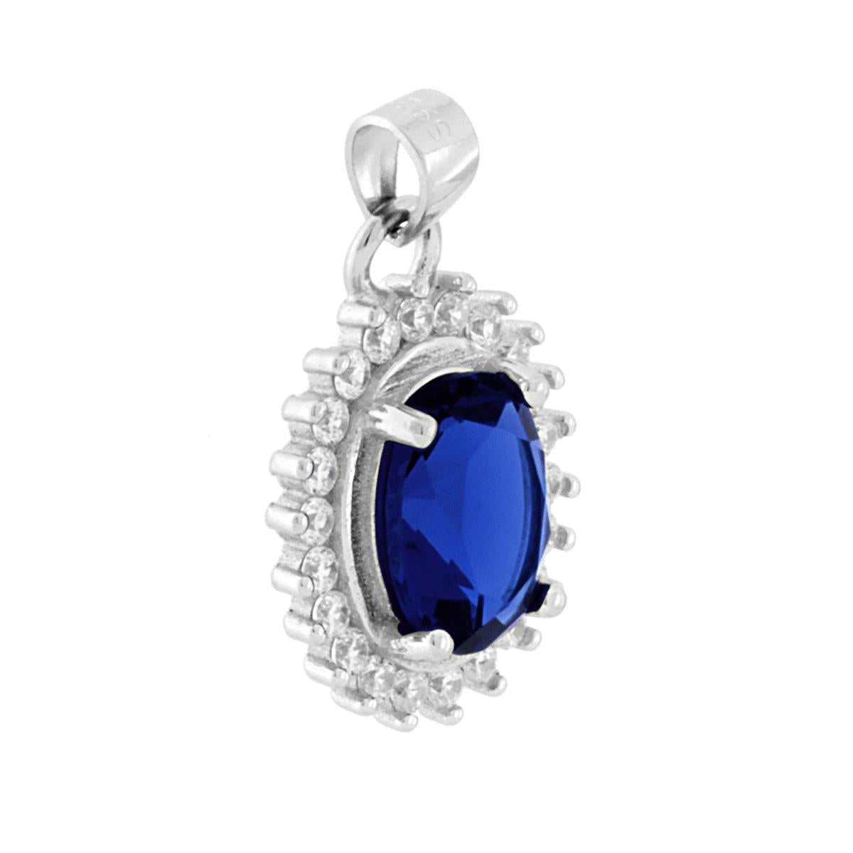 Ciondolo di forma Ovale con Zircone Blu Zaffiro e Zirconi Bianchi incastonati a giro.