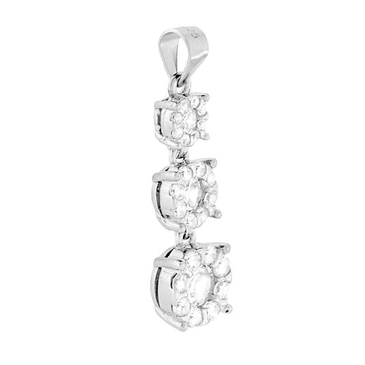 Ciondolo composti da tre punti luce bianchi contornati da zirconi bianchi, a forma di fiore, su montatura 4 Griffe.