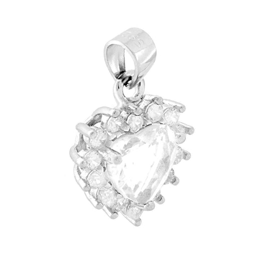Ciondolo a forma di Cuore con Zircone Bianco e Zirconi Bianchi incastonati a giro.<BR>