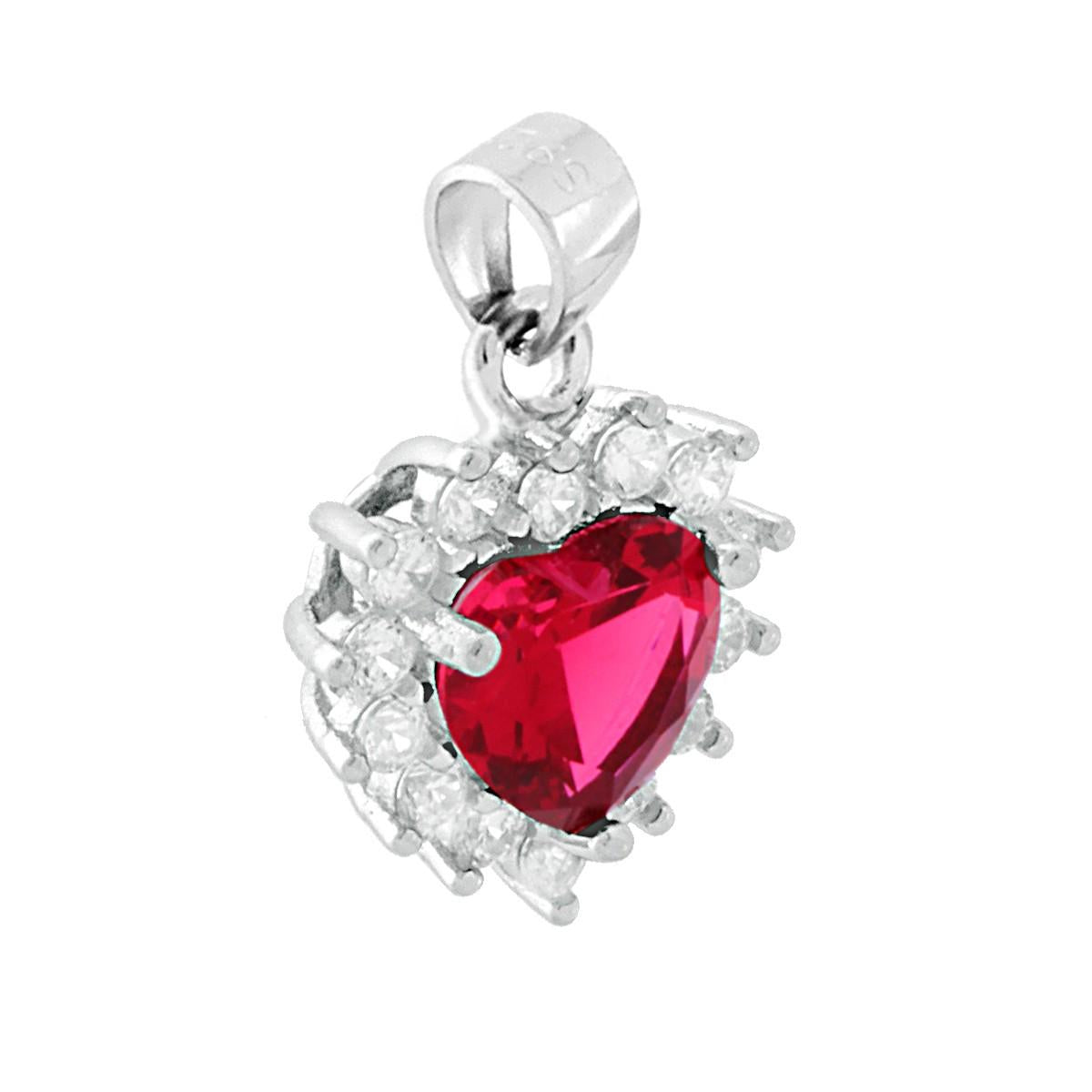 Ciondolo a forma di Cuore con Zircone Rosso Rubino e Zirconi Bianchi incastonati a giro.<BR>