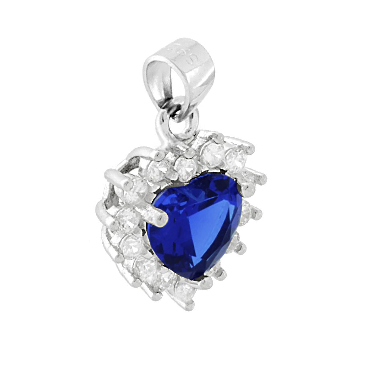 Ciondolo a forma di Cuore con Zircone Blu Zaffiro e Zirconi Bianchi incastonati a giro.