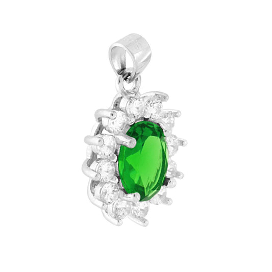 Ciondolo di forma Ovale con Zircone Verde Smeraldo e Zirconi Bianchi incastonati a giro.